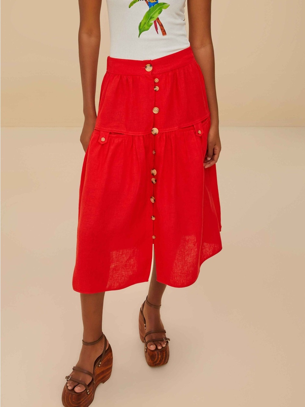 Farm Rio Red Mixed Button Midi Skirt